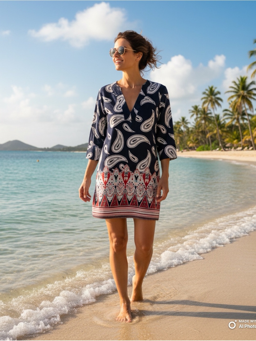 🏝️👙 La GuGu Shop Paisley Medallion Border Tunic Swim Dress Medium🌴🌊 - Picture 3 of 9